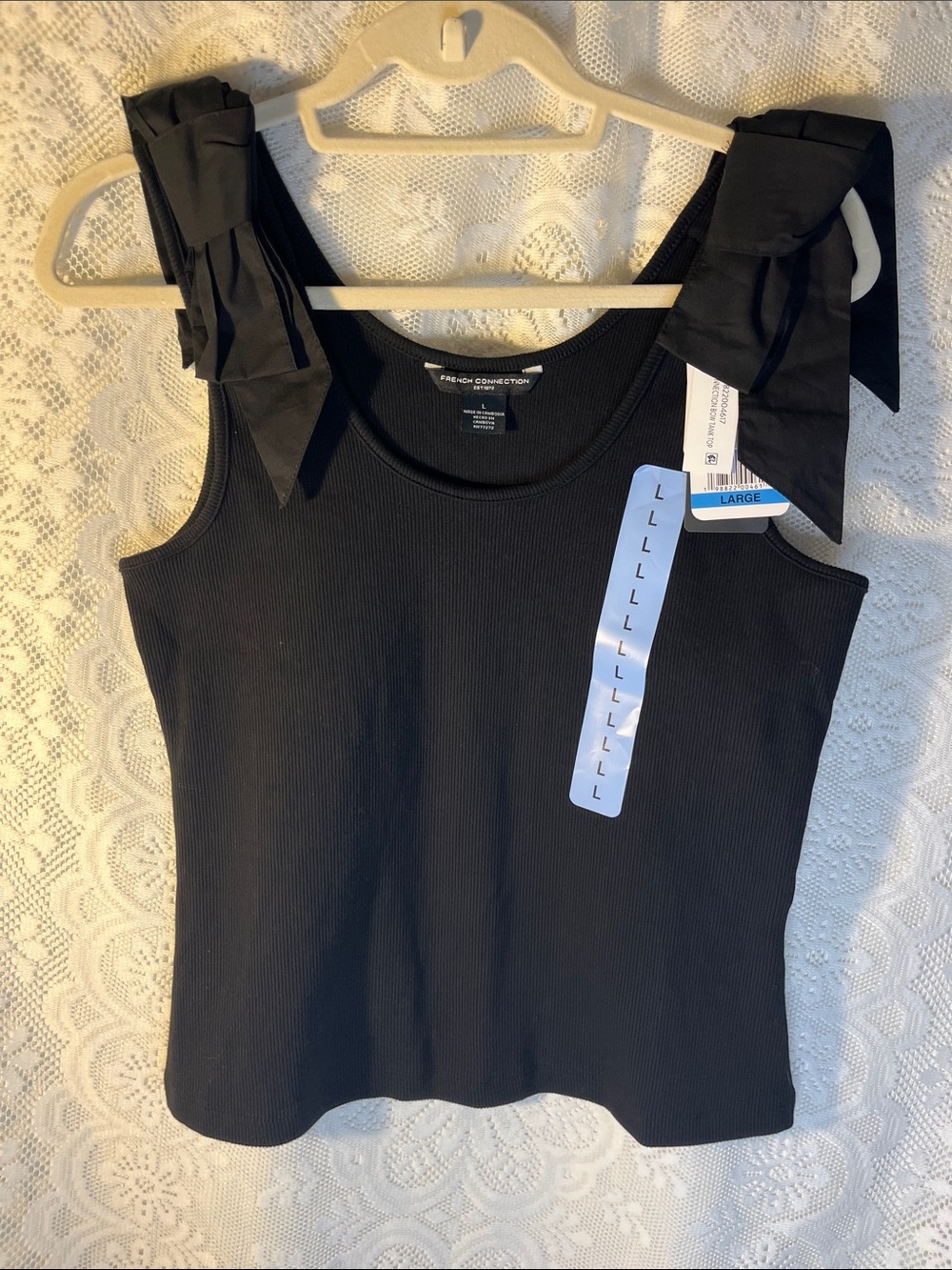 French Connection Black Ribbed Tank with Bow Shoulder Straps NWT L